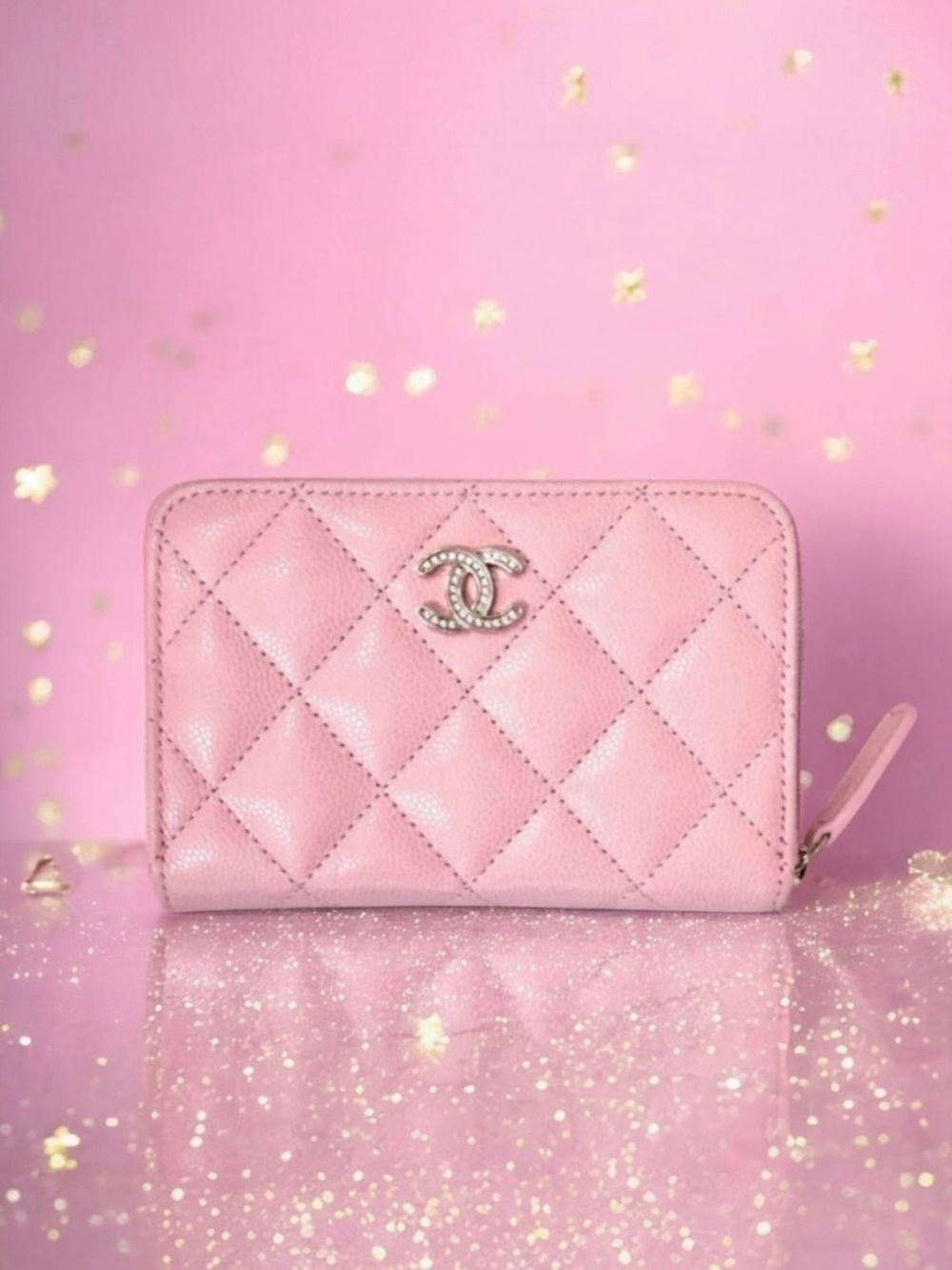 🆕💞CHANEL Grained Calfskin (CAVIAR) Zipped Coin Purse Strass CC Logo GHW • PINK